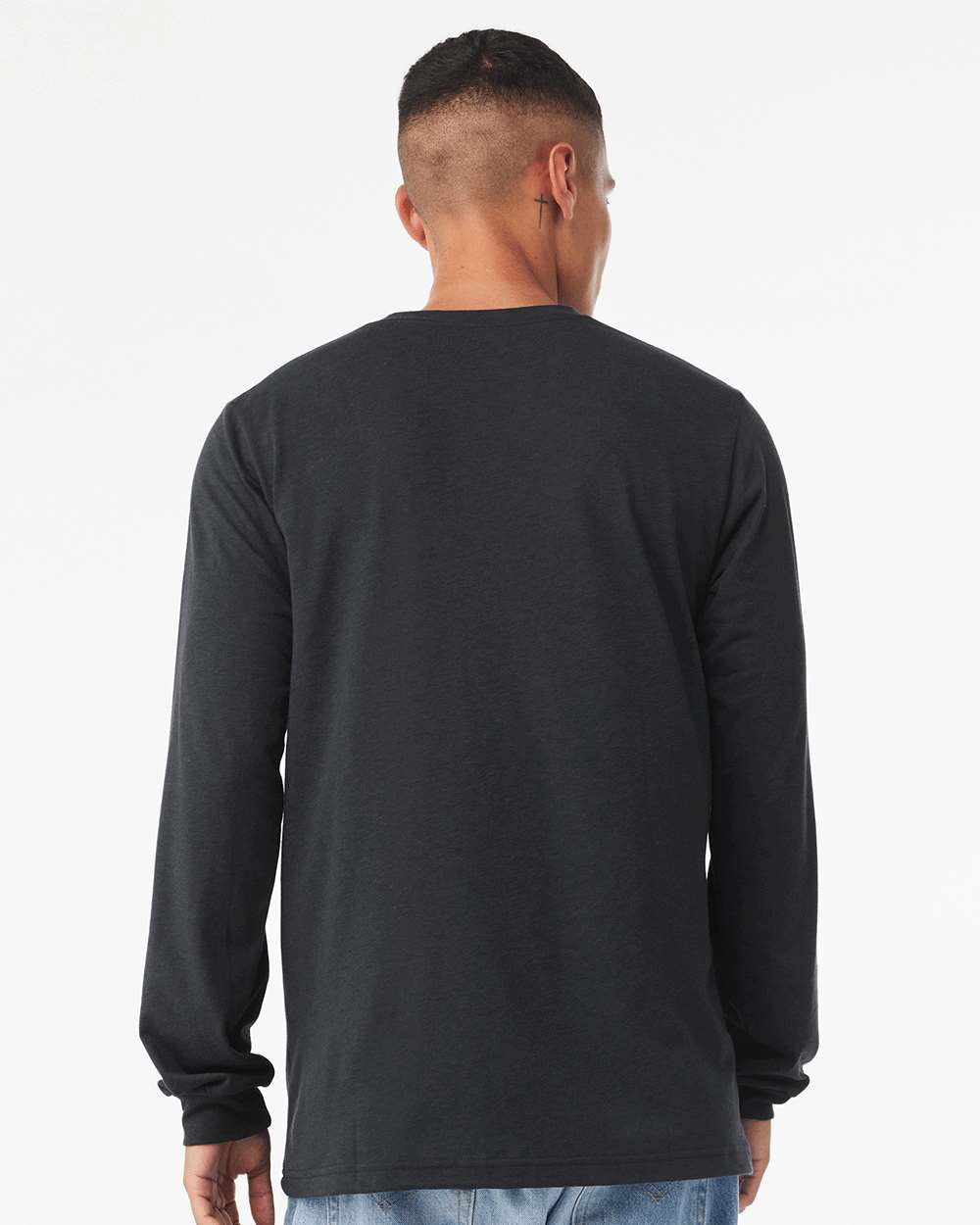Unisex Triblend Long Sleeve Tee - OnModelBack - B11606592 - Solid Dark Grey Triblend