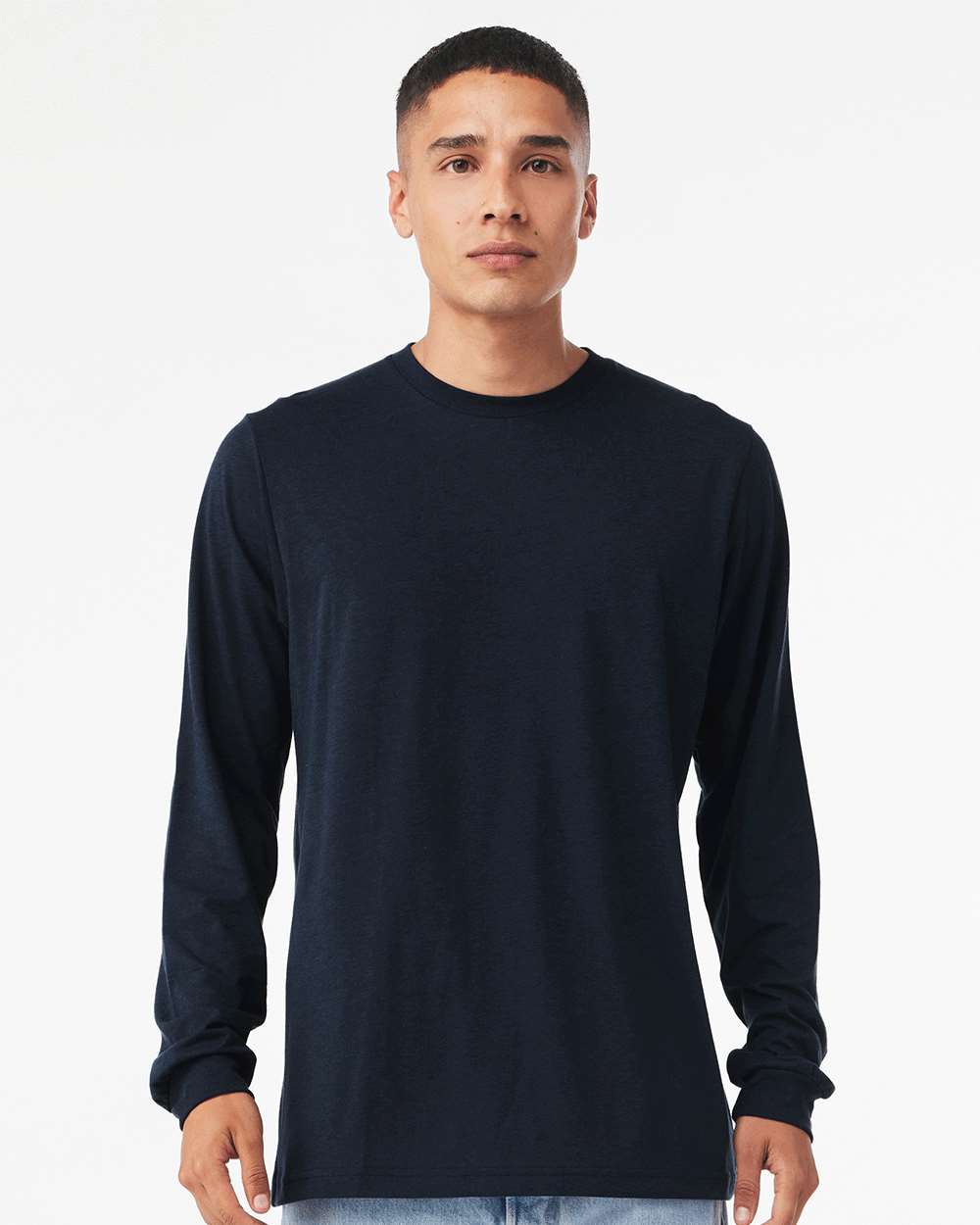 Unisex Triblend Long Sleeve Tee - OnModelFront - B11606672 - Solid Navy Triblend