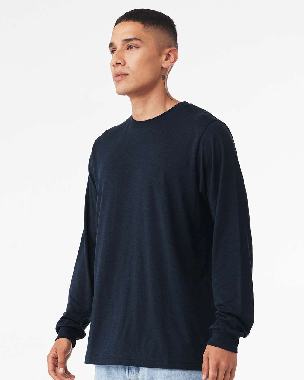 Unisex Triblend Long Sleeve Tee - OnModelSide - B11606672 - Solid Navy Triblend