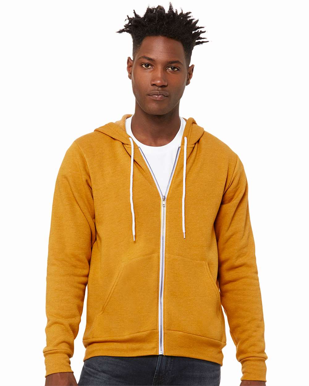 Unisex Sponge Fleece Full-Zip Hoodie - OnModelFront - B80406402 - Heather Mustard