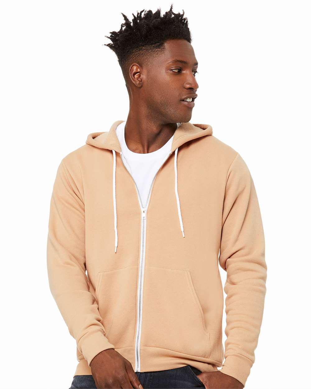 Unisex Sponge Fleece Full-Zip Hoodie - OnModelFront - B80406612 - Heather Sand Dune