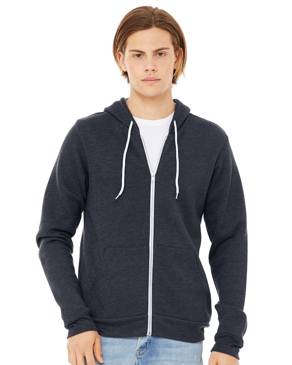 Unisex Sponge Fleece Full-Zip Hoodie - OnModelFront - B80406662 - Heather Navy