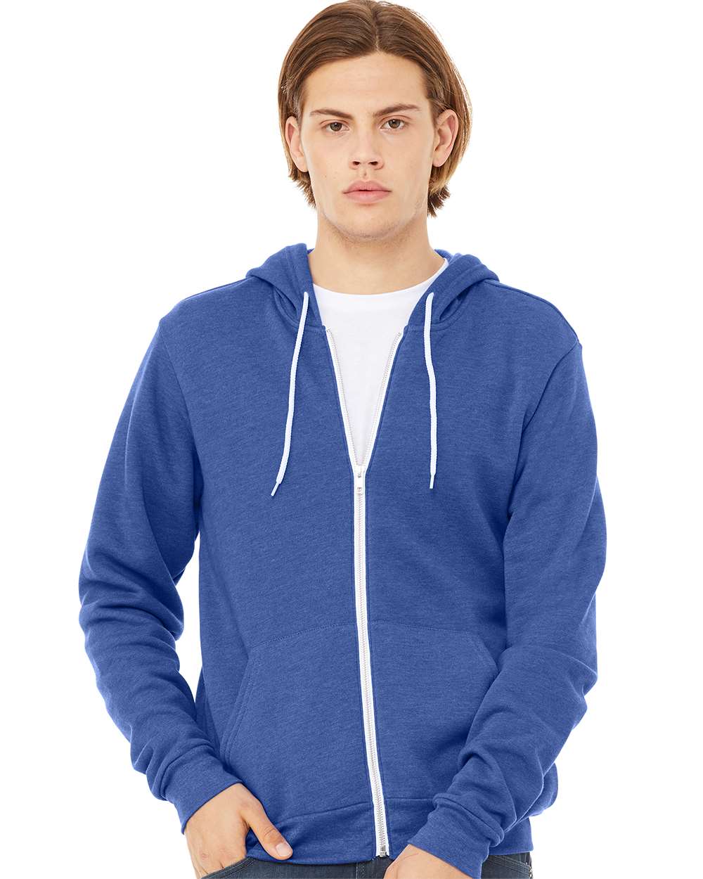 Unisex Sponge Fleece Full-Zip Hoodie - OnModelFront - B80406772 - Heather True Royal