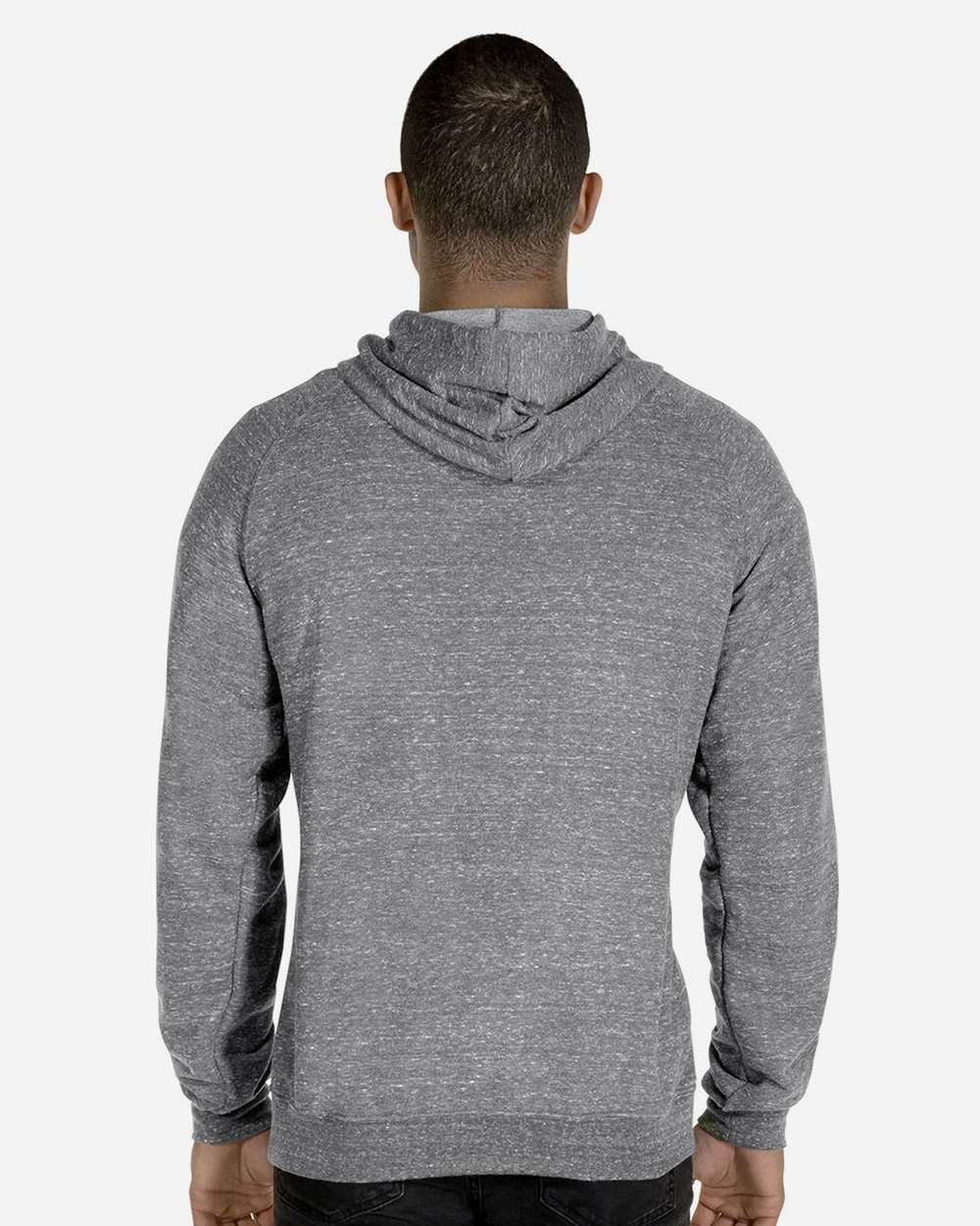 Unisex Snow Heather French Terry Raglan Hooded Sweatshirt - OnModelBack - B50735093 - Charcoal