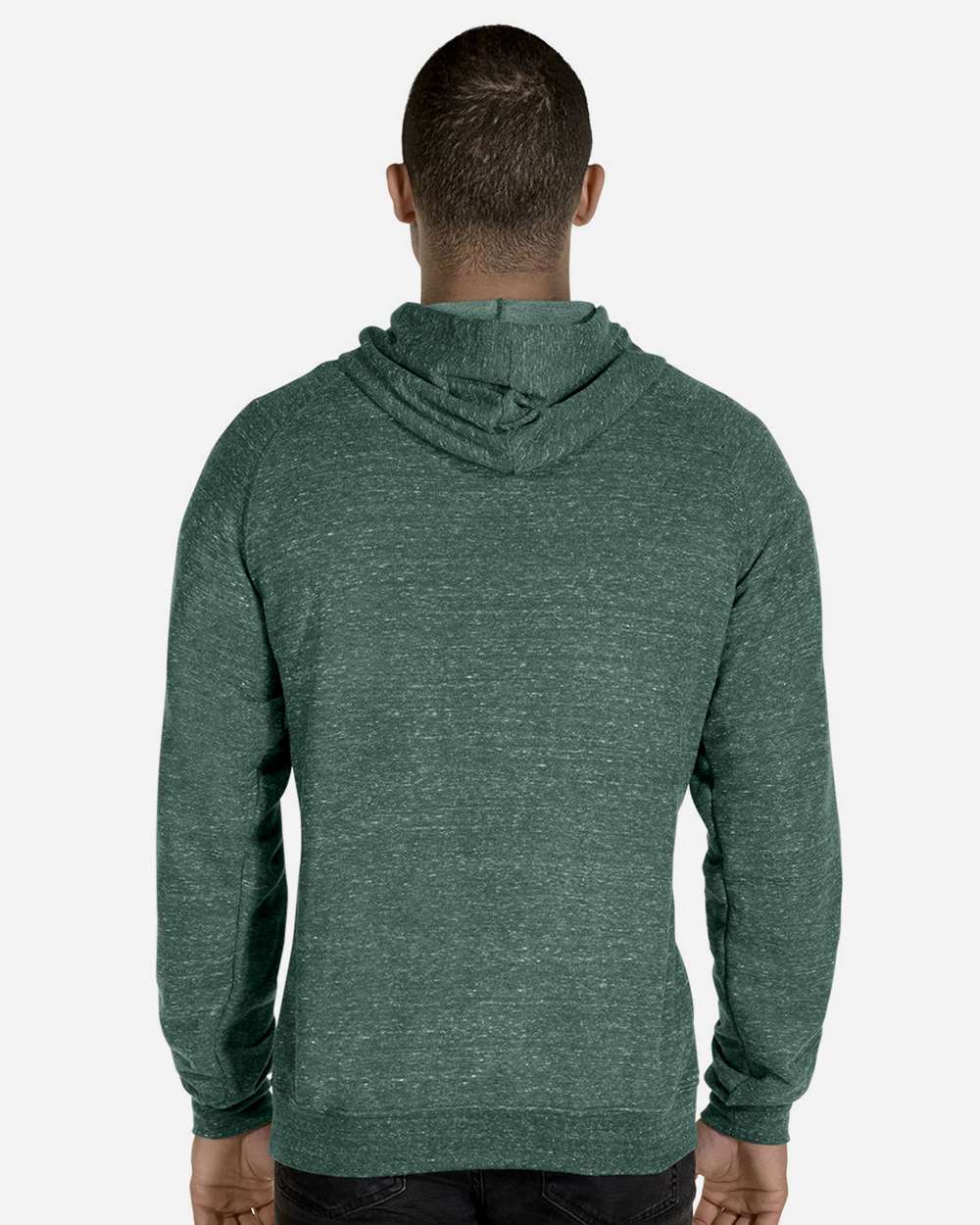 Unisex Snow Heather French Terry Raglan Hooded Sweatshirt - OnModelBack - B50735543 - Forest Green