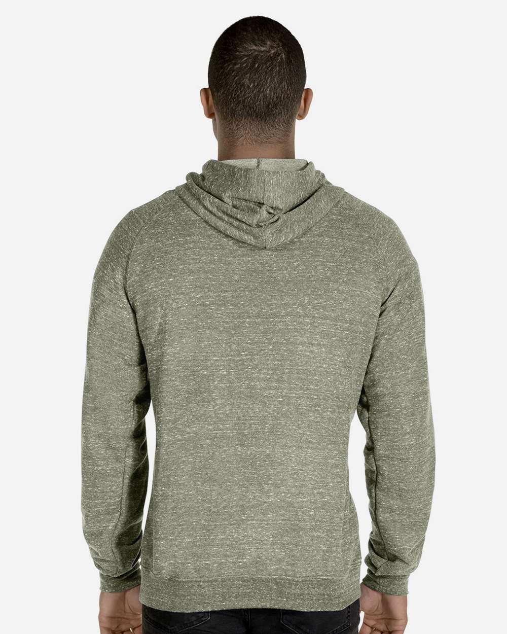Unisex Snow Heather French Terry Raglan Hooded Sweatshirt - OnModelBack - B50735553 - Military Green