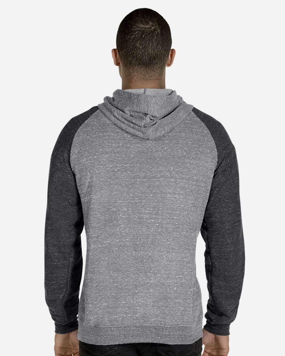 Unisex Snow Heather French Terry Raglan Hooded Sweatshirt - OnModelBack - B50735583 - Charcoal/ Black Ink