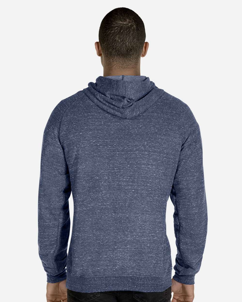 Unisex Snow Heather French Terry Raglan Hooded Sweatshirt - OnModelBack - B50735653 - Navy