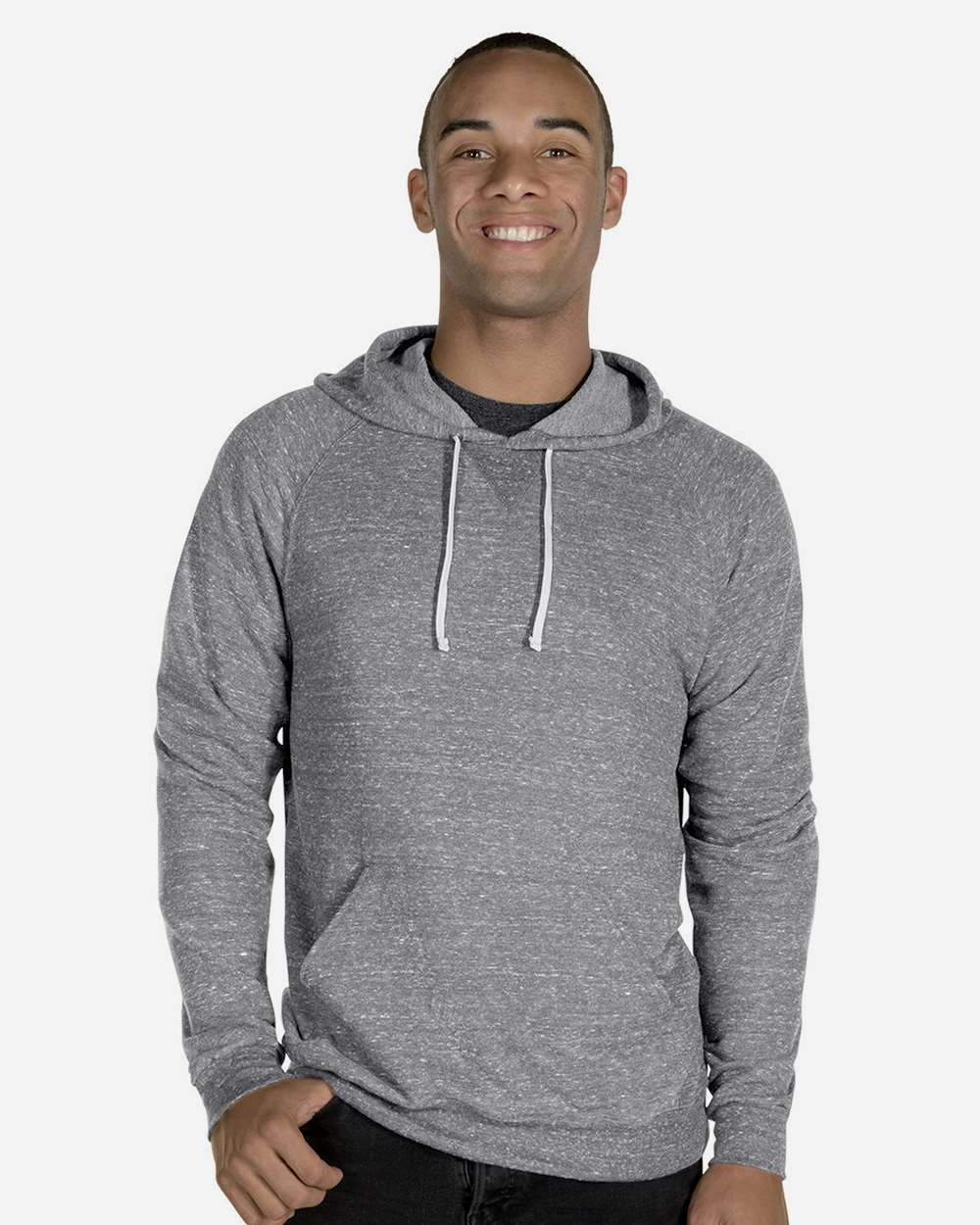 Unisex Snow Heather French Terry Raglan Hooded Sweatshirt - OnModelFront - B50735093 - Charcoal