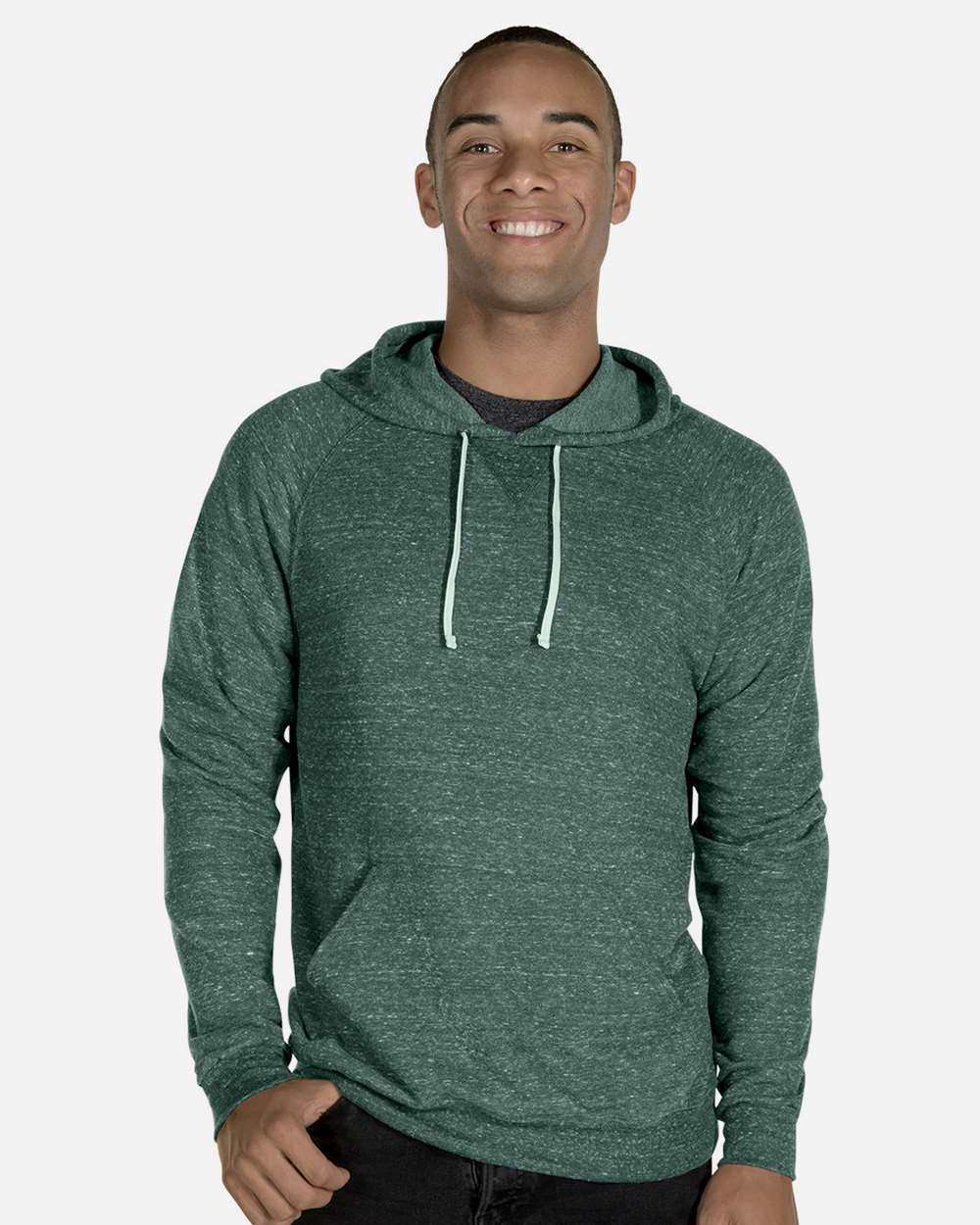 Unisex Snow Heather French Terry Raglan Hooded Sweatshirt - OnModelFront - B50735543 - Forest Green
