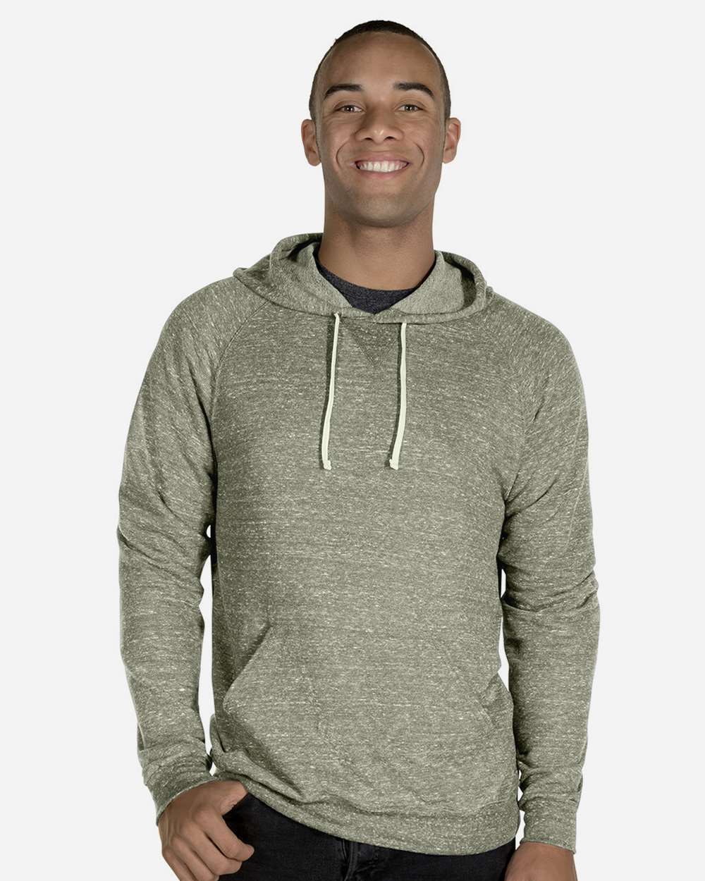 Unisex Snow Heather French Terry Raglan Hooded Sweatshirt - OnModelFront - B50735553 - Military Green