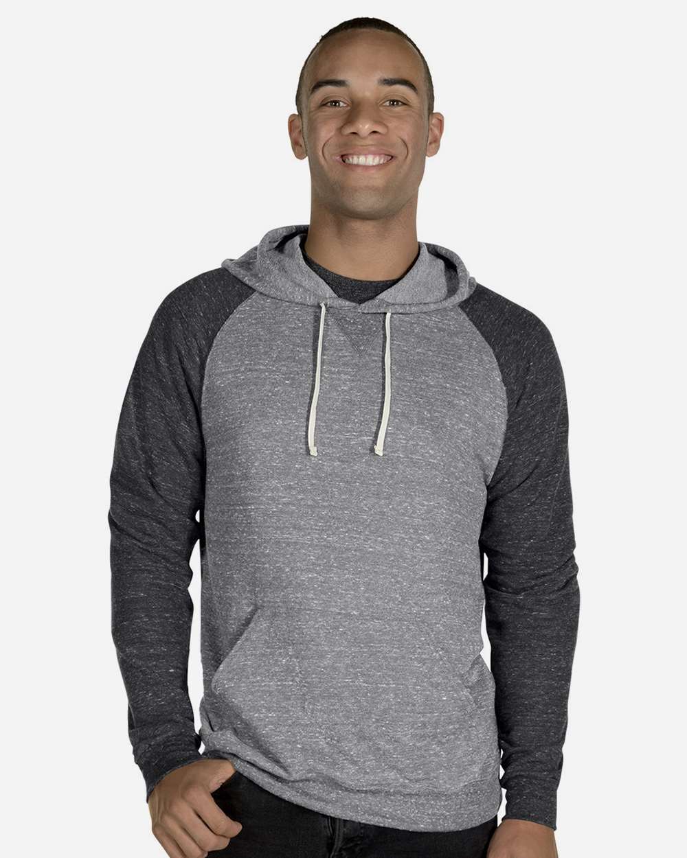 Unisex Snow Heather French Terry Raglan Hooded Sweatshirt - OnModelFront - B50735583 - Charcoal/ Black Ink