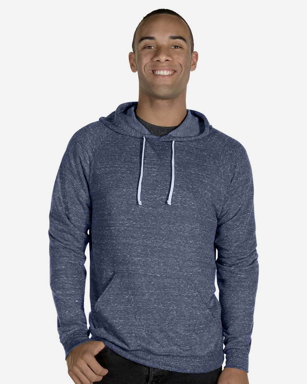 Unisex Snow Heather French Terry Raglan Hooded Sweatshirt - OnModelFront - B50735653 - Navy