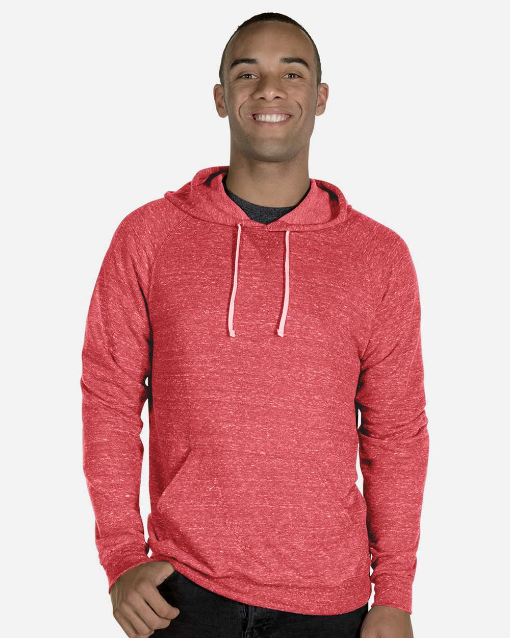 Unisex Snow Heather French Terry Raglan Hooded Sweatshirt - OnModelFront - B50735703 - Red