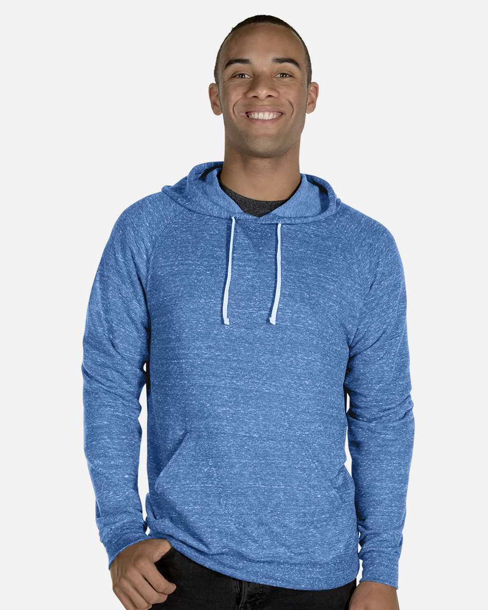Unisex Snow Heather French Terry Raglan Hooded Sweatshirt - OnModelFront - B50735753 - Royal