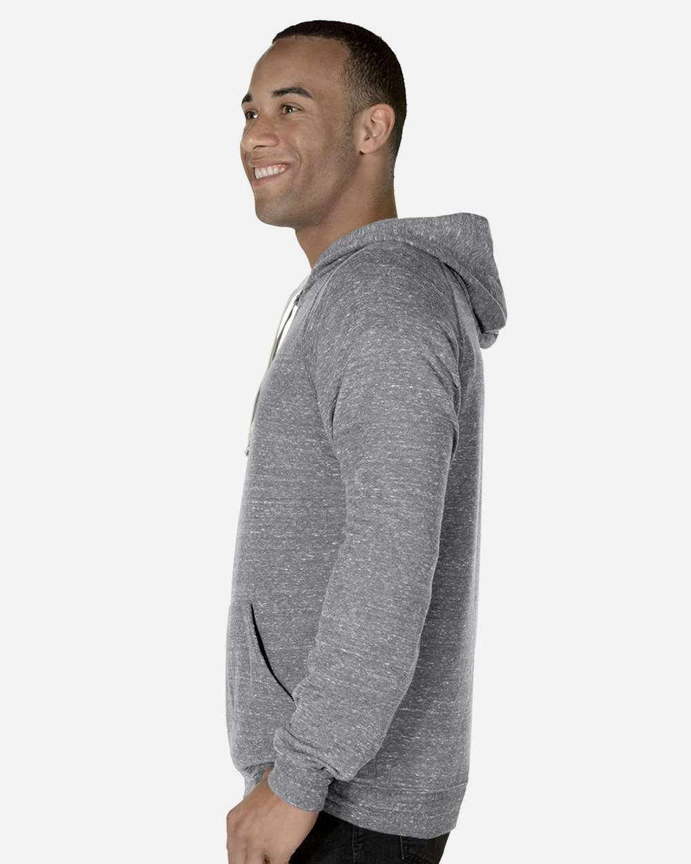 Unisex Snow Heather French Terry Raglan Hooded Sweatshirt - OnModelSide - B50735093 - Charcoal