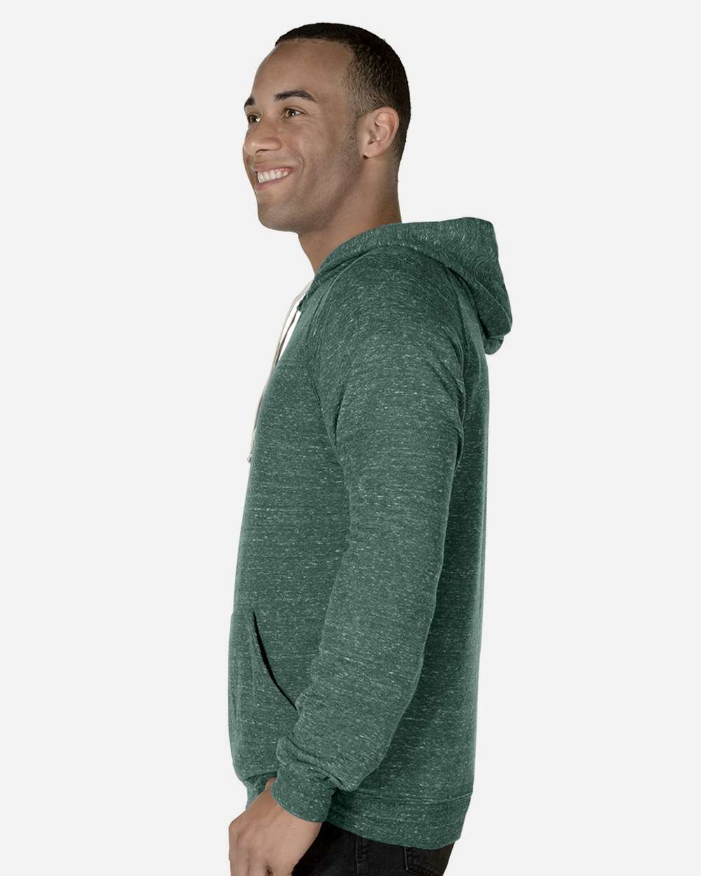 Unisex Snow Heather French Terry Raglan Hooded Sweatshirt - OnModelSide - B50735543 - Forest Green