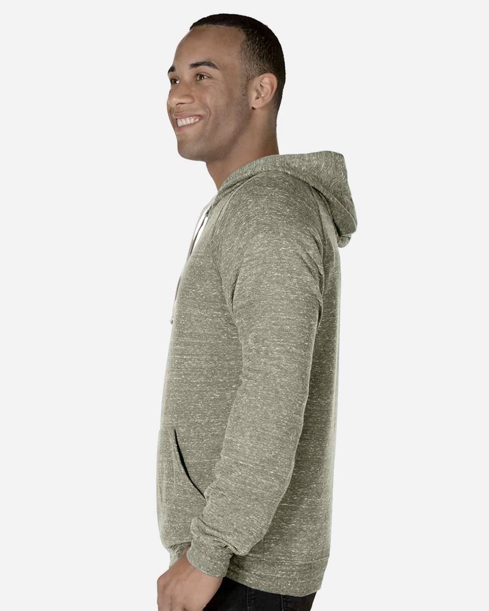 Unisex Snow Heather French Terry Raglan Hooded Sweatshirt - OnModelSide - B50735553 - Military Green