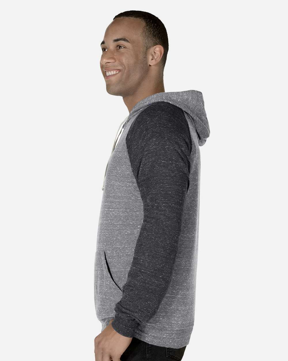 Unisex Snow Heather French Terry Raglan Hooded Sweatshirt - OnModelSide - B50735583 - Charcoal/ Black Ink