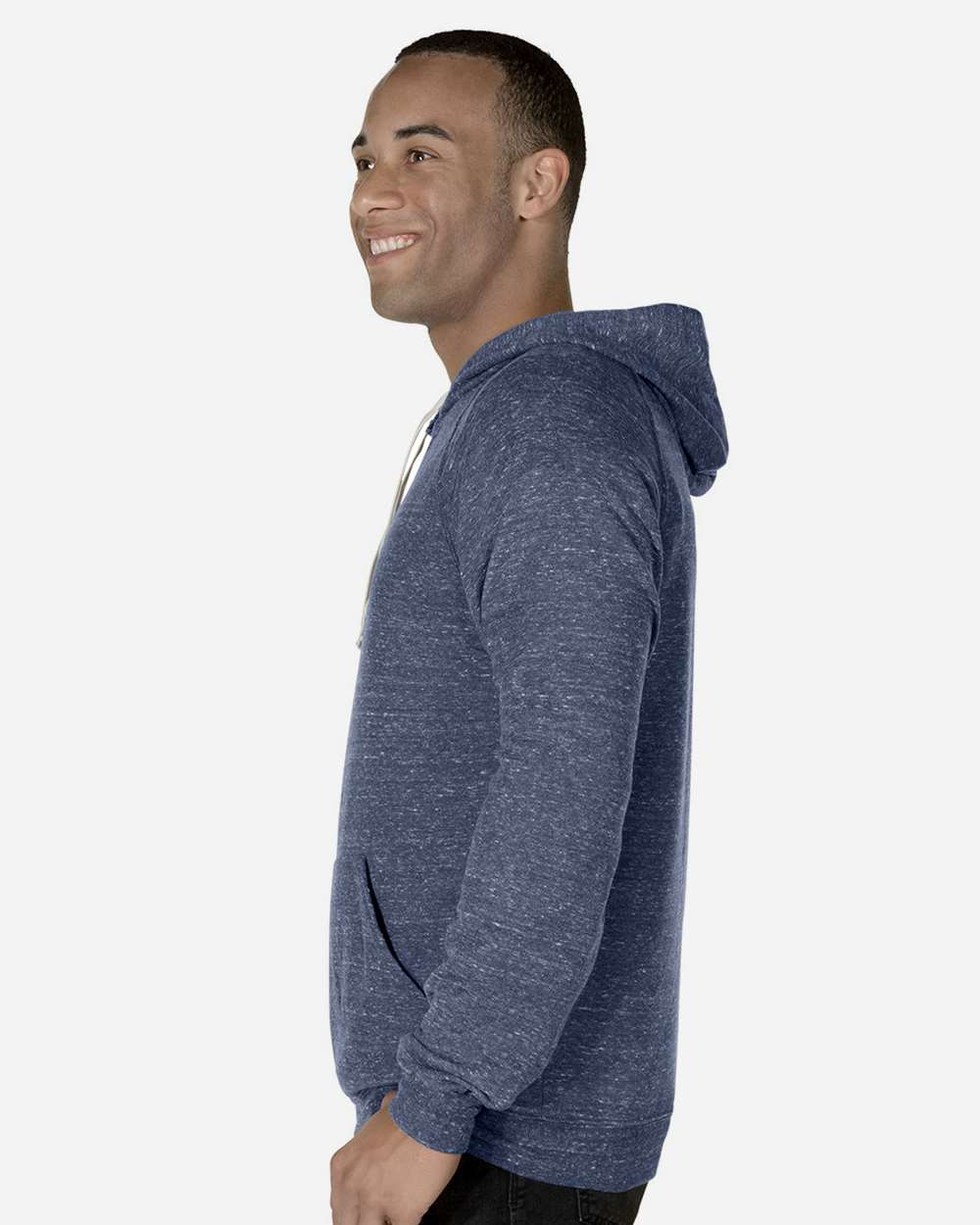 Unisex Snow Heather French Terry Raglan Hooded Sweatshirt - OnModelSide - B50735653 - Navy
