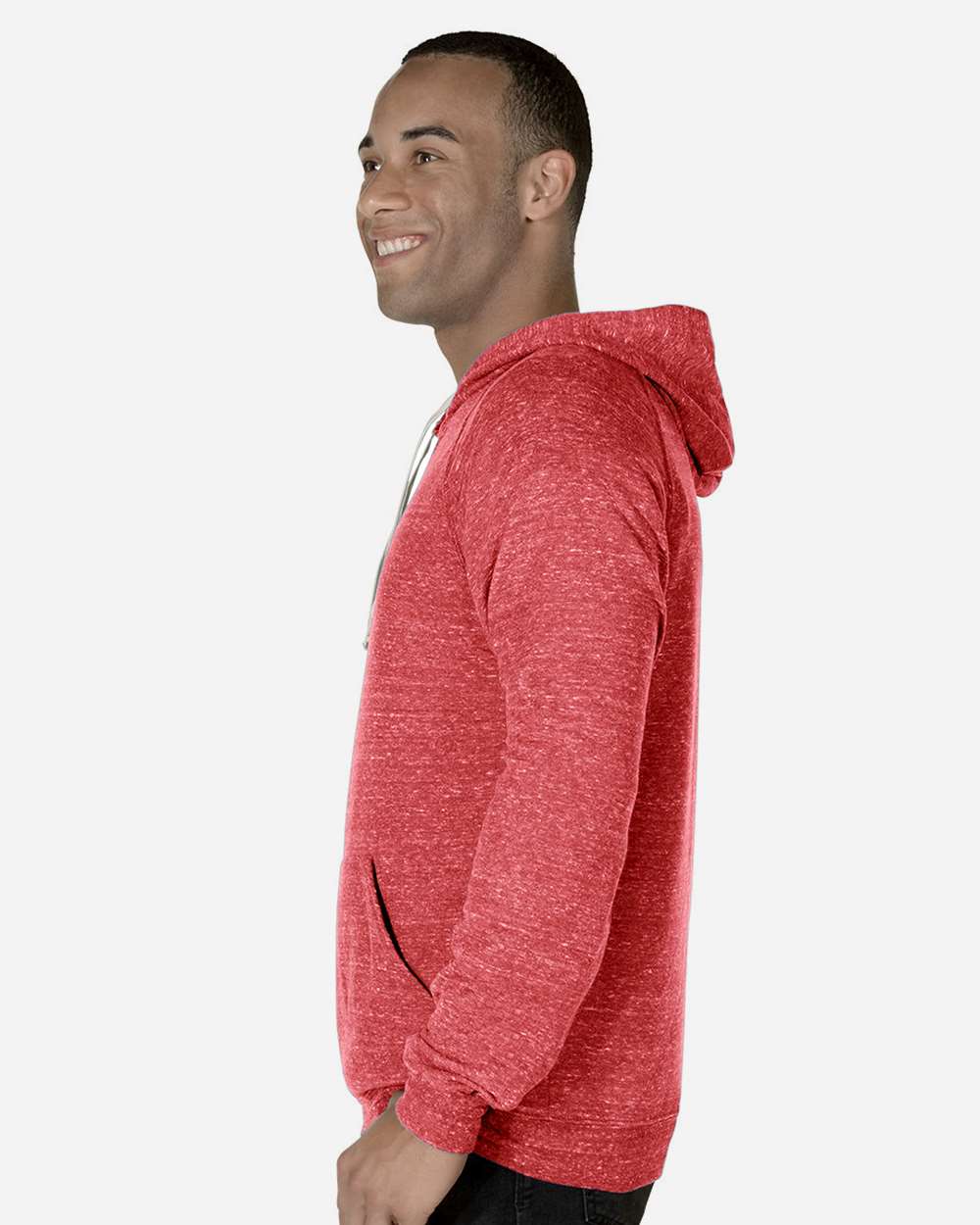 Unisex Snow Heather French Terry Raglan Hooded Sweatshirt - OnModelSide - B50735703 - Red
