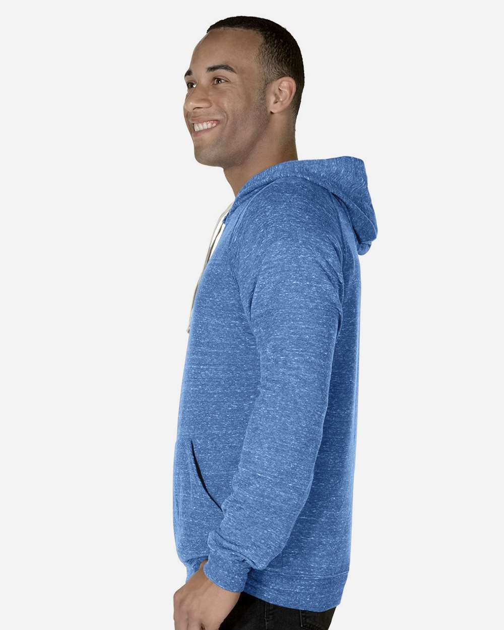Unisex Snow Heather French Terry Raglan Hooded Sweatshirt - OnModelSide - B50735753 - Royal