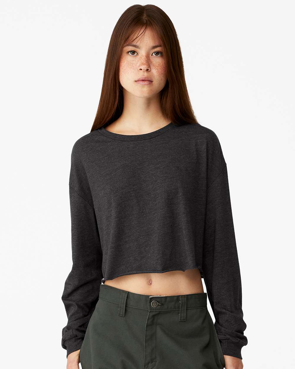 Women's FWD Fashion Crop Long Sleeve Tee - OnModelFront - B10306593 - Dark Grey Heather