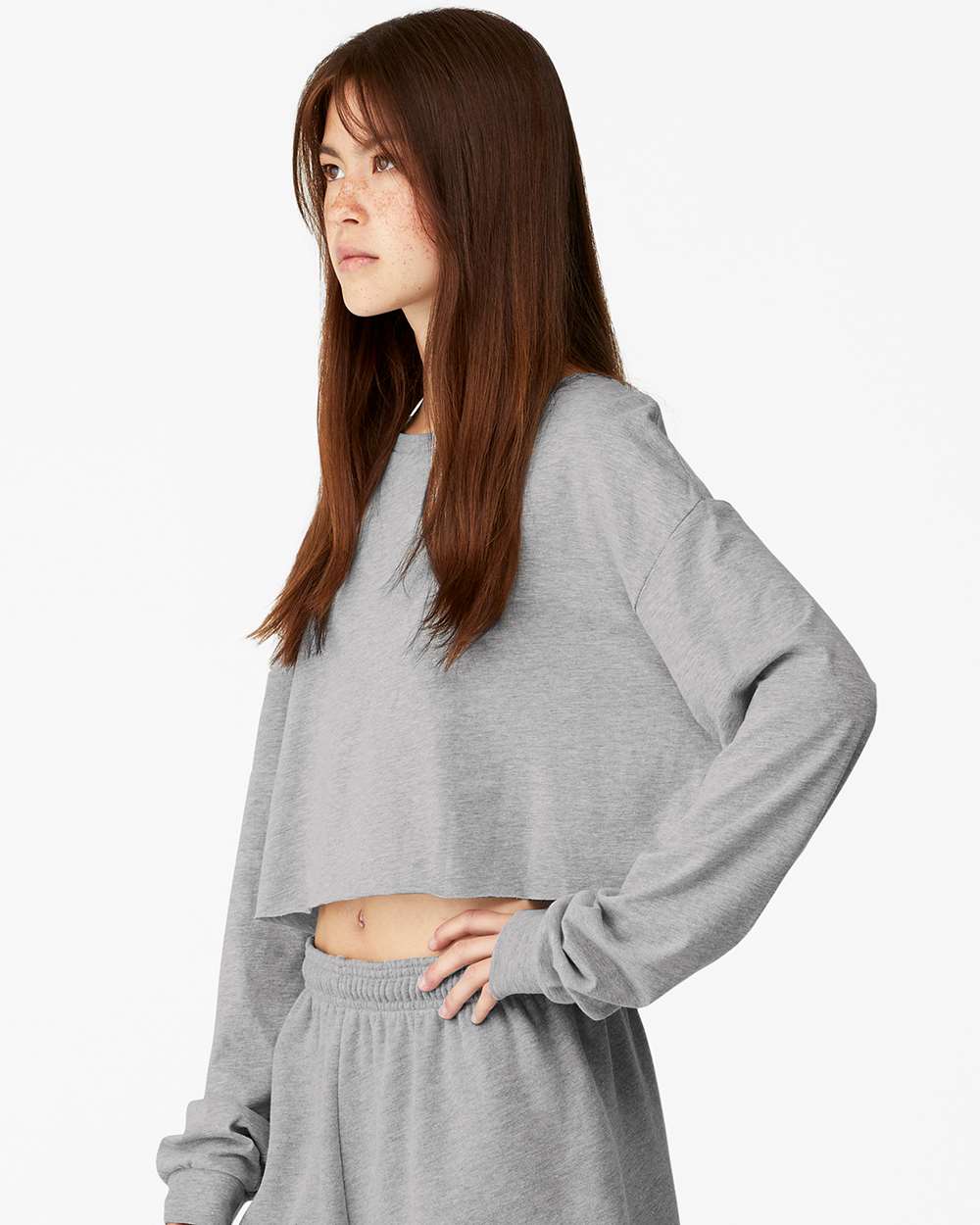 Women's FWD Fashion Crop Long Sleeve Tee - OnModelSide - B10306093 - Athletic Heather