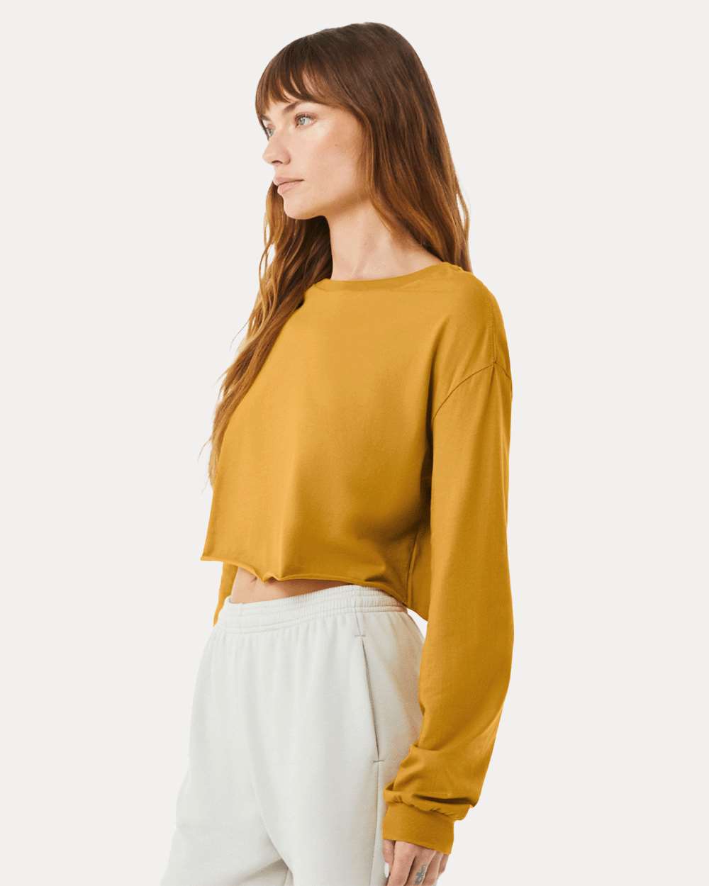 Women's FWD Fashion Crop Long Sleeve Tee - OnModelSide - B10306143 - Mustard