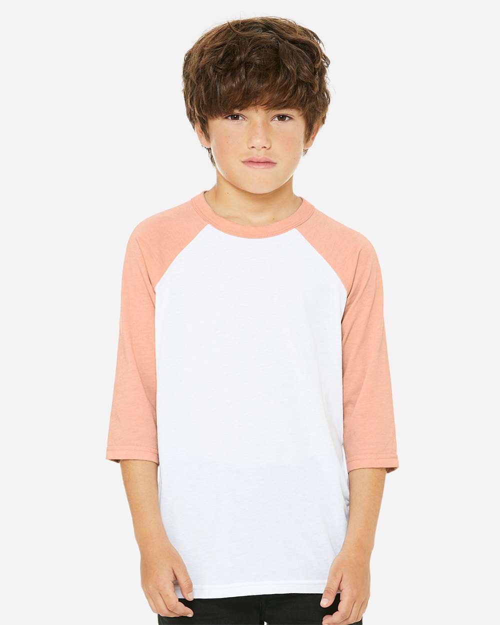 Youth Three-Quarter Sleeve Baseball Tee - OnModelFront - B36406273 - White/ Heather Peach
