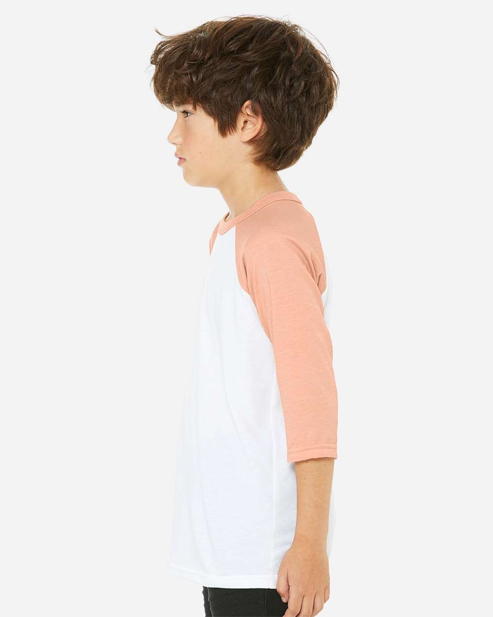 Youth Three-Quarter Sleeve Baseball Tee - OnModelSide - B36406273 - White/ Heather Peach