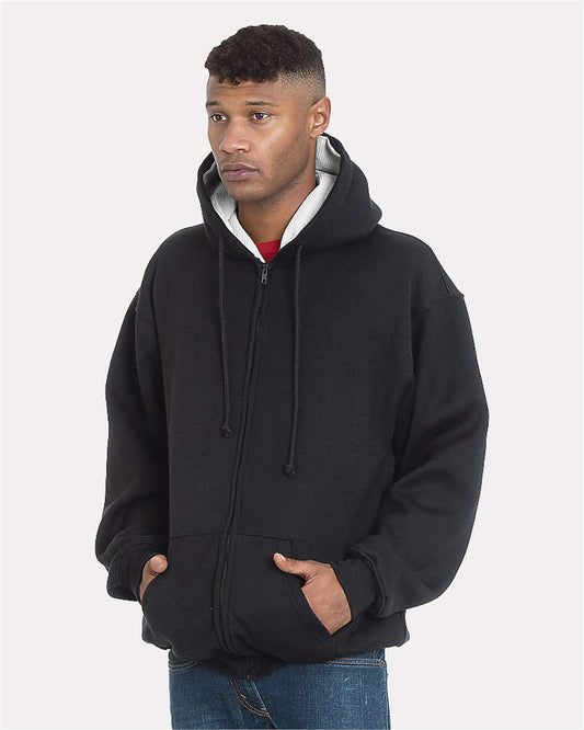 Unisex USA-Made Super Heavy Thermal Lined Full-Zip Hooded Sweatshirt - OnModelFront - B05379503 - Black/ Cream