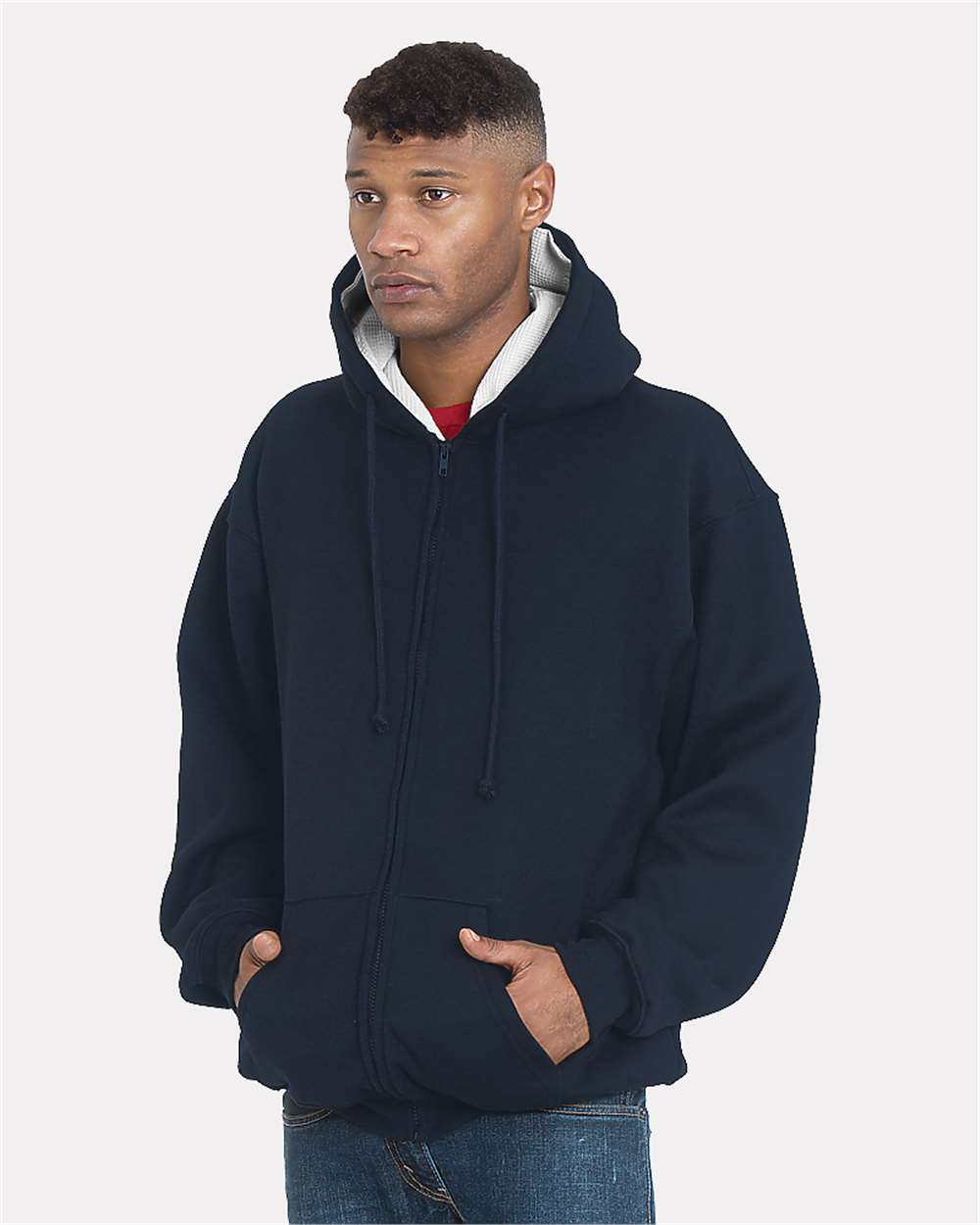 Unisex USA-Made Super Heavy Thermal Lined Full-Zip Hooded Sweatshirt - OnModelFront - B05379653 - Navy/ Cream