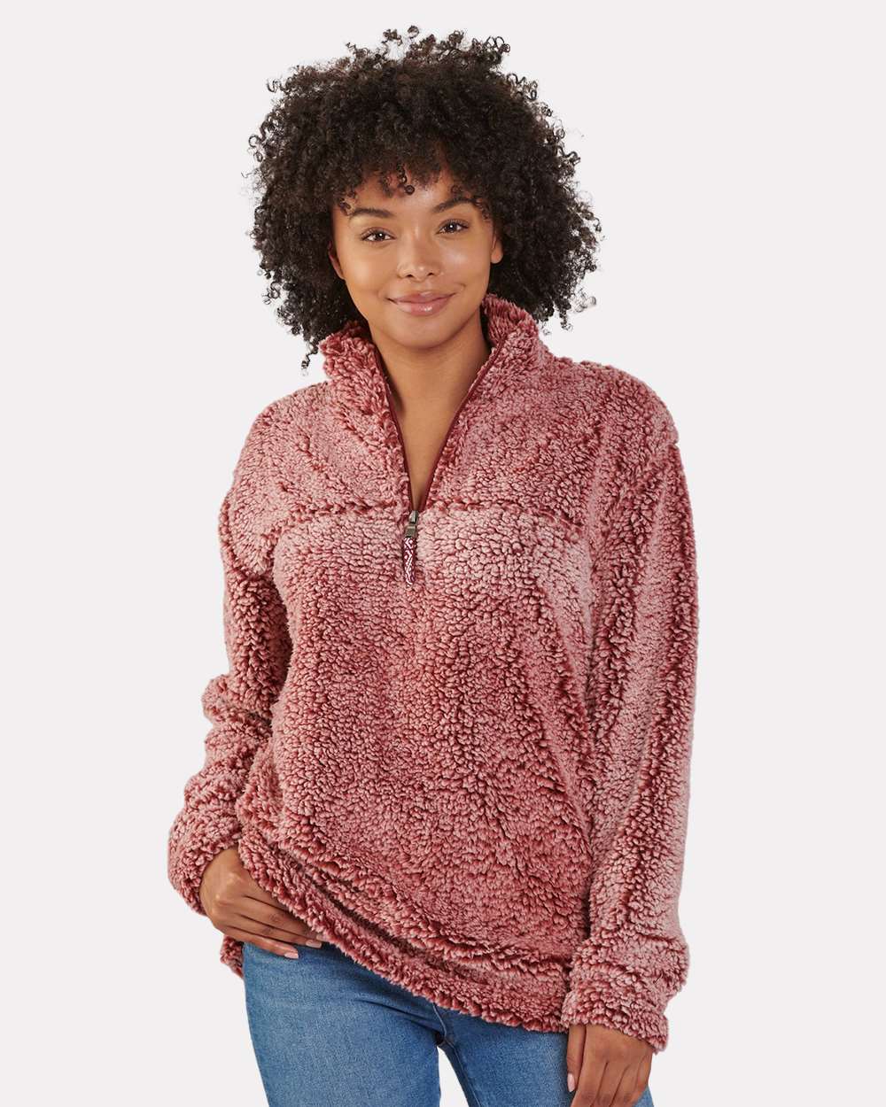 Unisex Sherpa Fleece Quarter-Zip Pullover - OnModelFront - B36703062 - Frosty Garnet