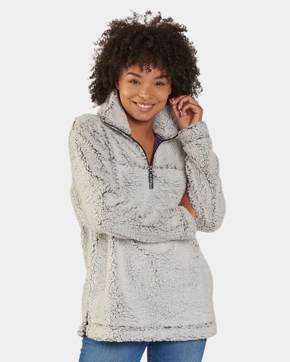 Unisex Sherpa Fleece Quarter-Zip Pullover - OnModelFront - B36703352 - Frosty Grey