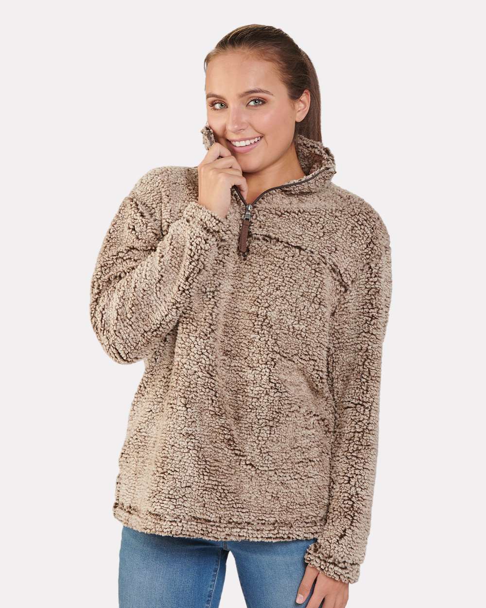 Unisex Sherpa Fleece Quarter-Zip Pullover - OnModelFront - B36703362 - Frosty Chocolate