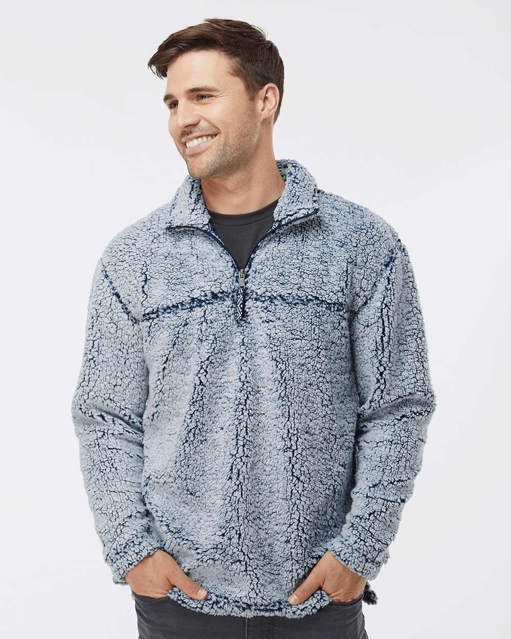 Unisex Sherpa Fleece Quarter-Zip Pullover - OnModelFront - B36703652 - Frosty Navy