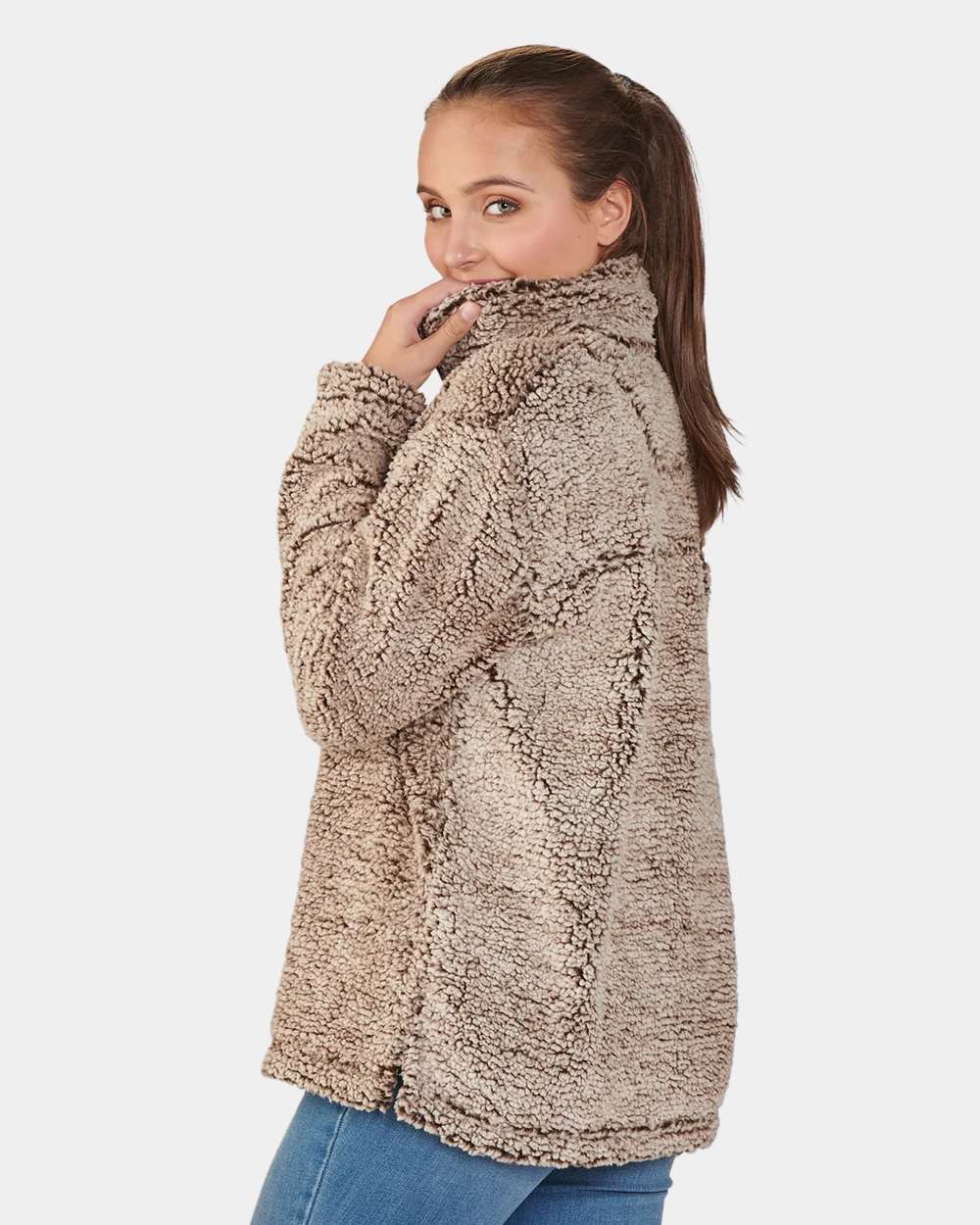 Unisex Sherpa Fleece Quarter-Zip Pullover - OnModelSide - B36703362 - Frosty Chocolate