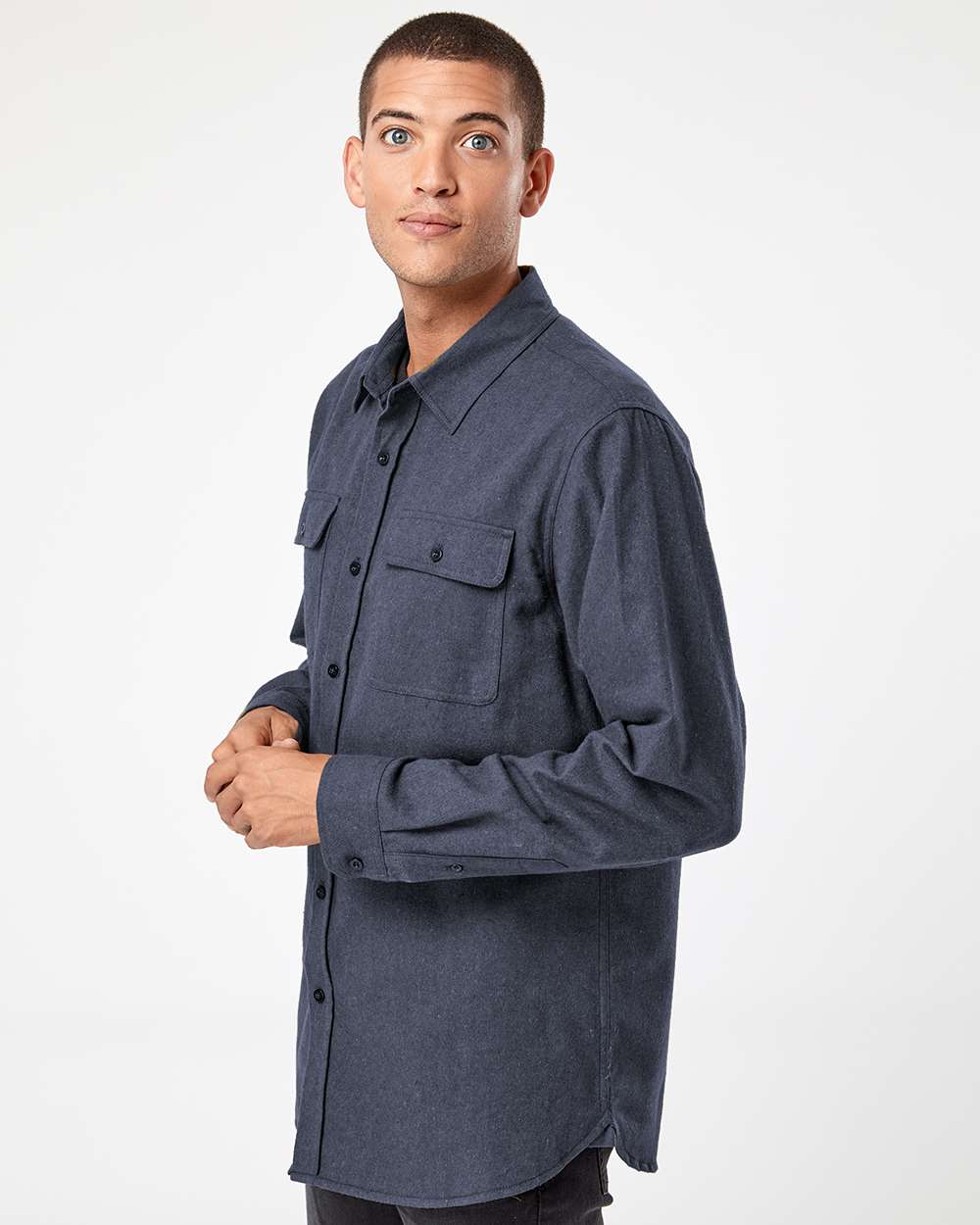 Men's Solid Flannel Shirt - OnModelSide - B13686683 - Denim