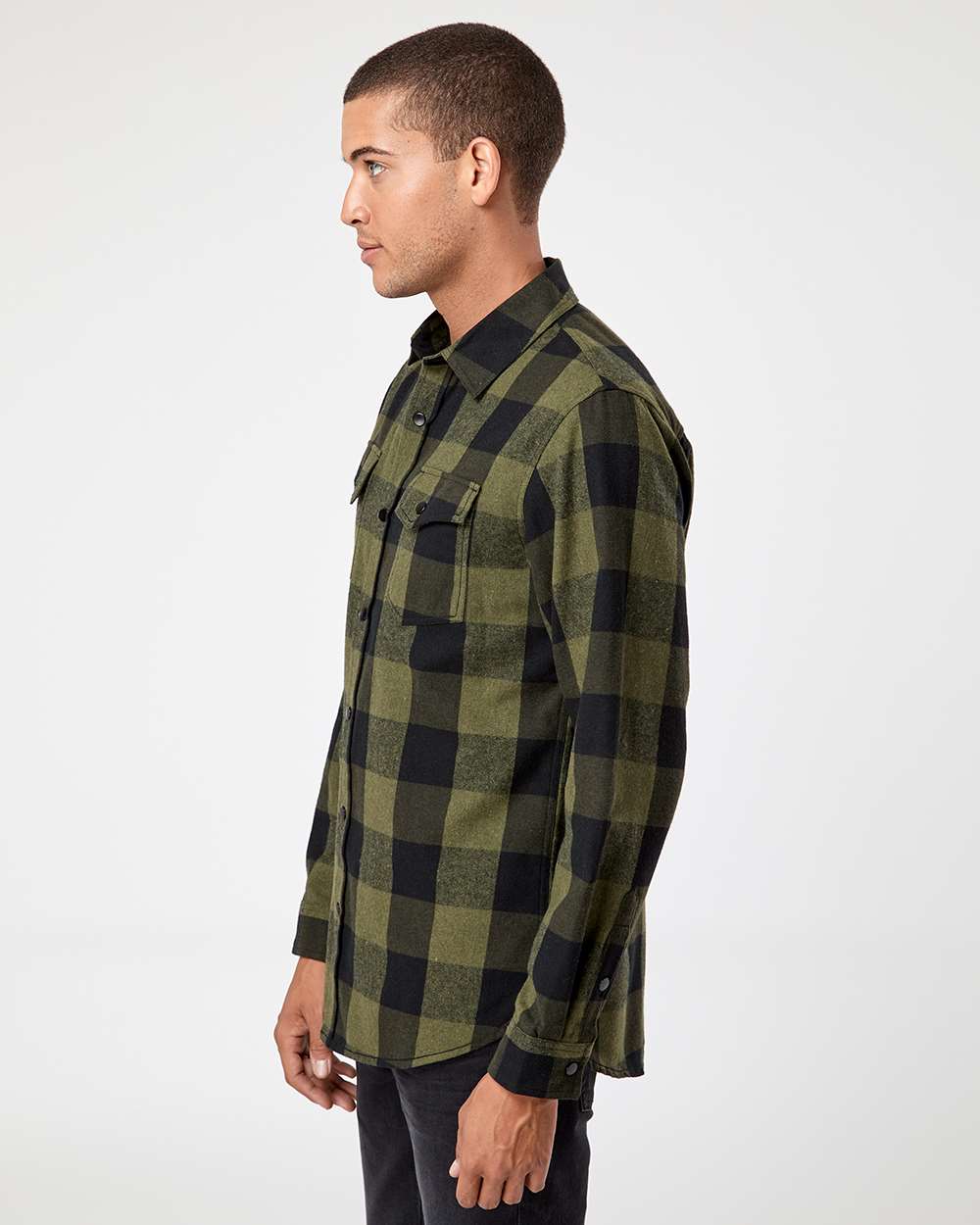 Men's Snap Front Plaid Flannel Shirt - OnModelBack - B13186543 - Army/ Black