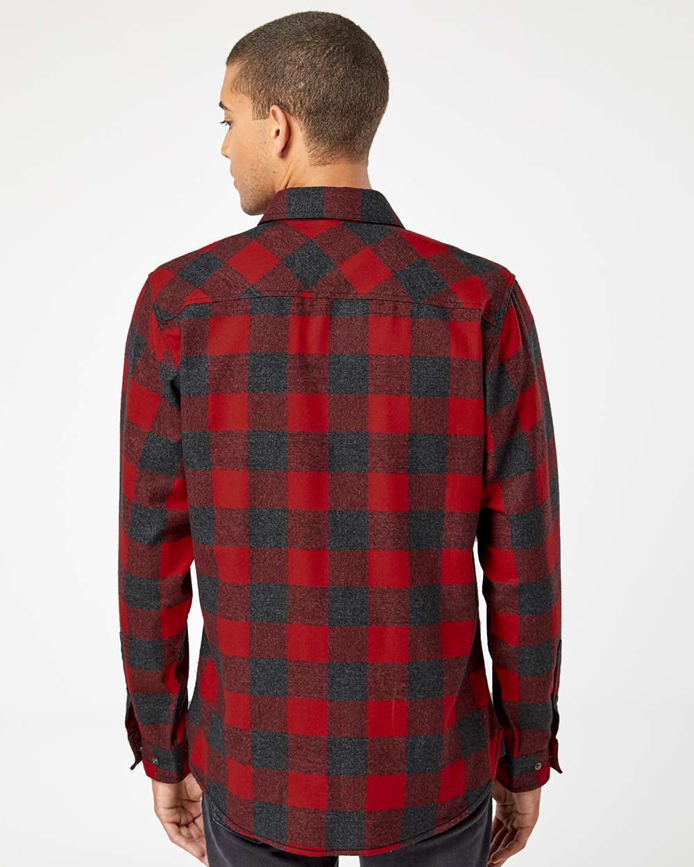 Men's Snap Front Plaid Flannel Shirt - OnModelBack - B13186993 - Red/ Heather Black