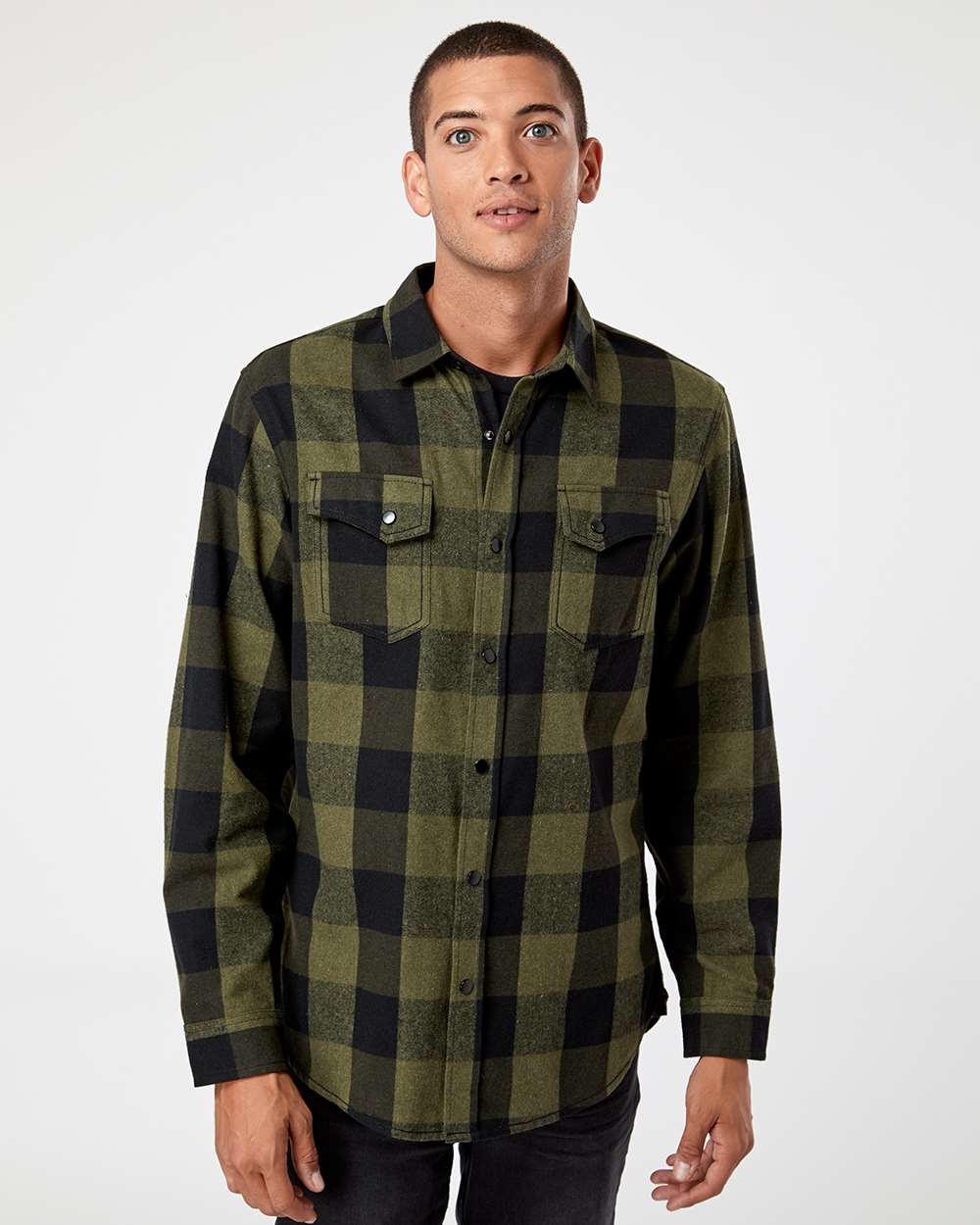 Men's Snap Front Plaid Flannel Shirt - OnModelFront - B13186543 - Army/ Black