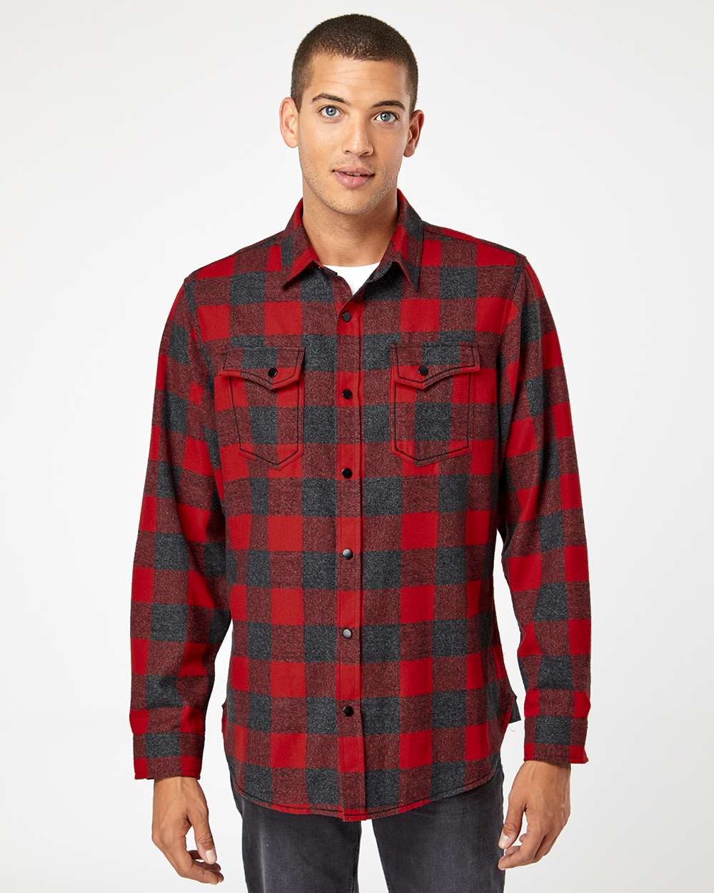 Men's Snap Front Plaid Flannel Shirt - OnModelFront - B13186993 - Red/ Heather Black