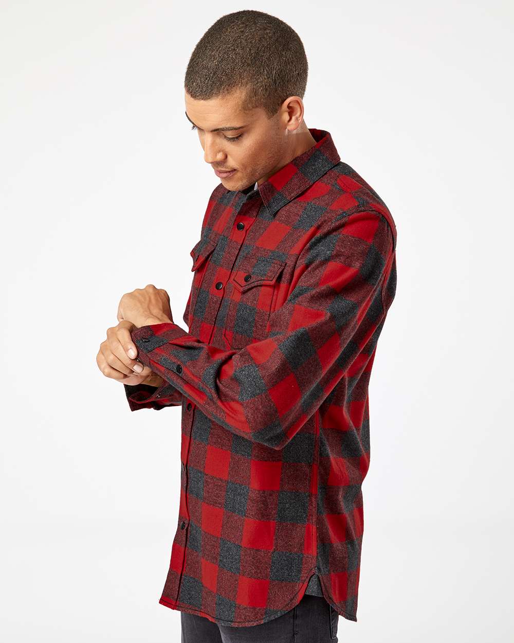 Men's Snap Front Plaid Flannel Shirt - OnModelSide - B13186993 - Red/ Heather Black