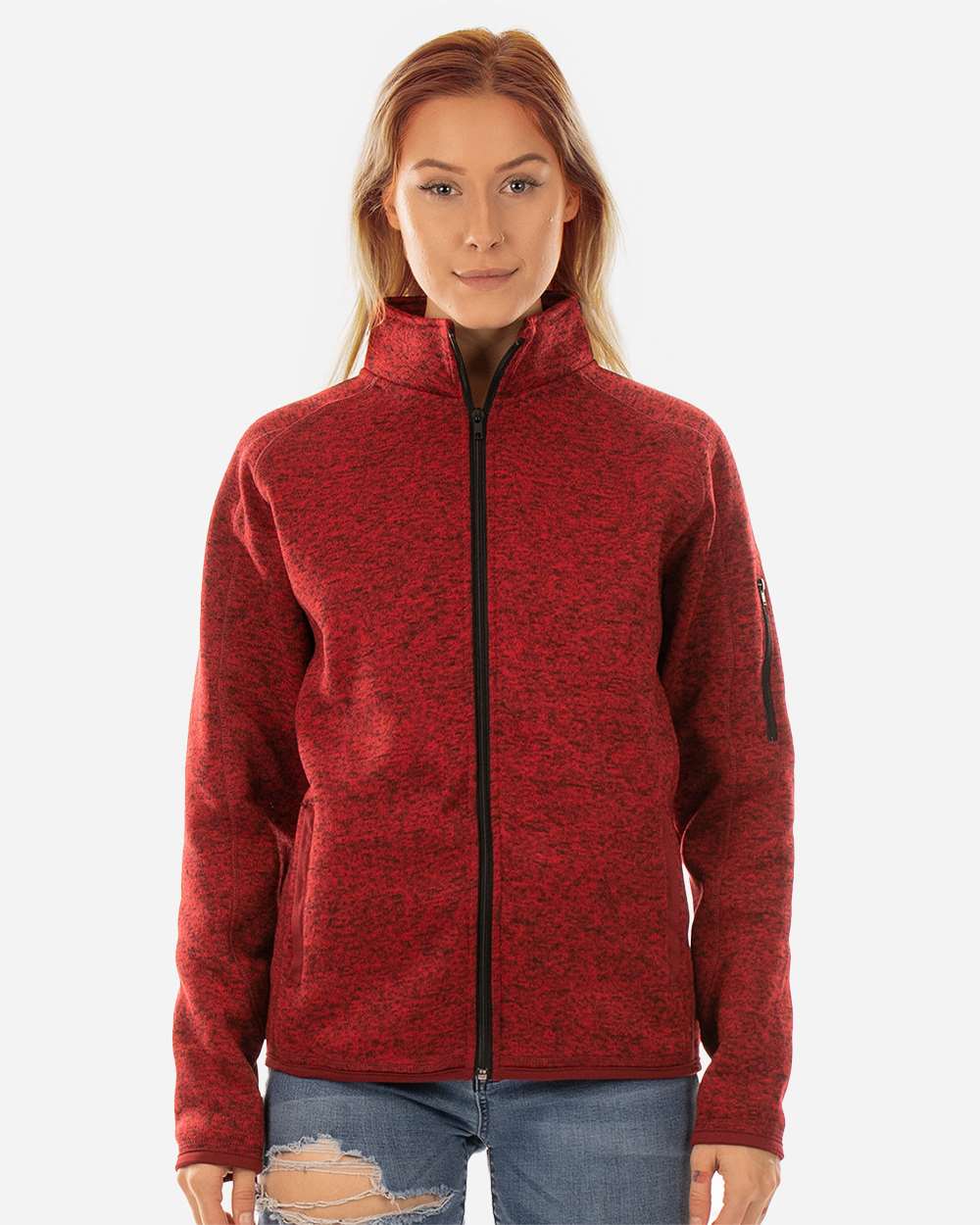 Women's Sweater Knit Jacket - OnModelFront - B18886703 - Heather Red
