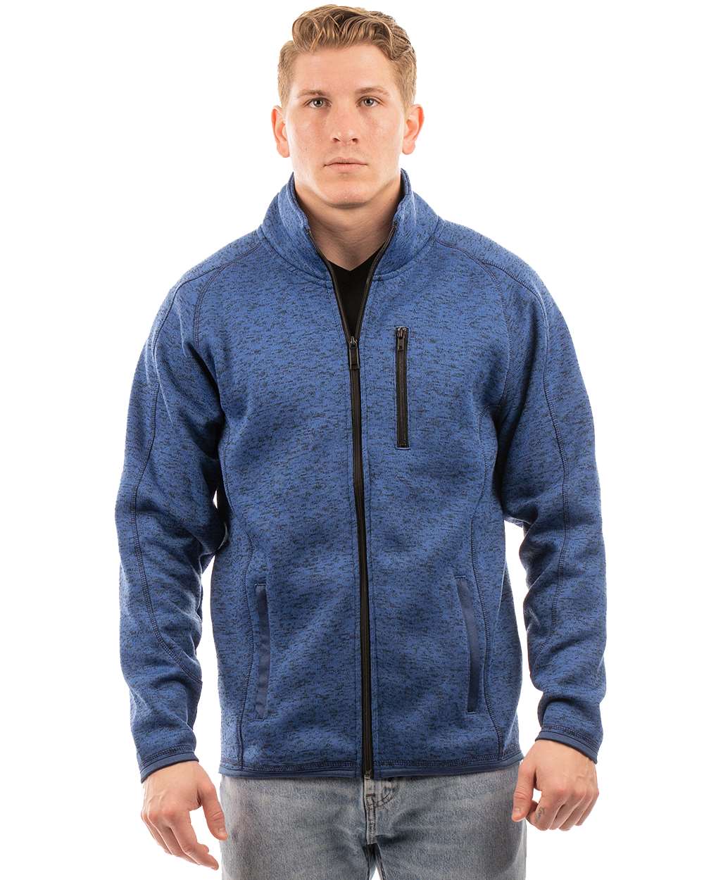 Men's Sweater Knit Jacket - Front - B01086653 - Heather Navy