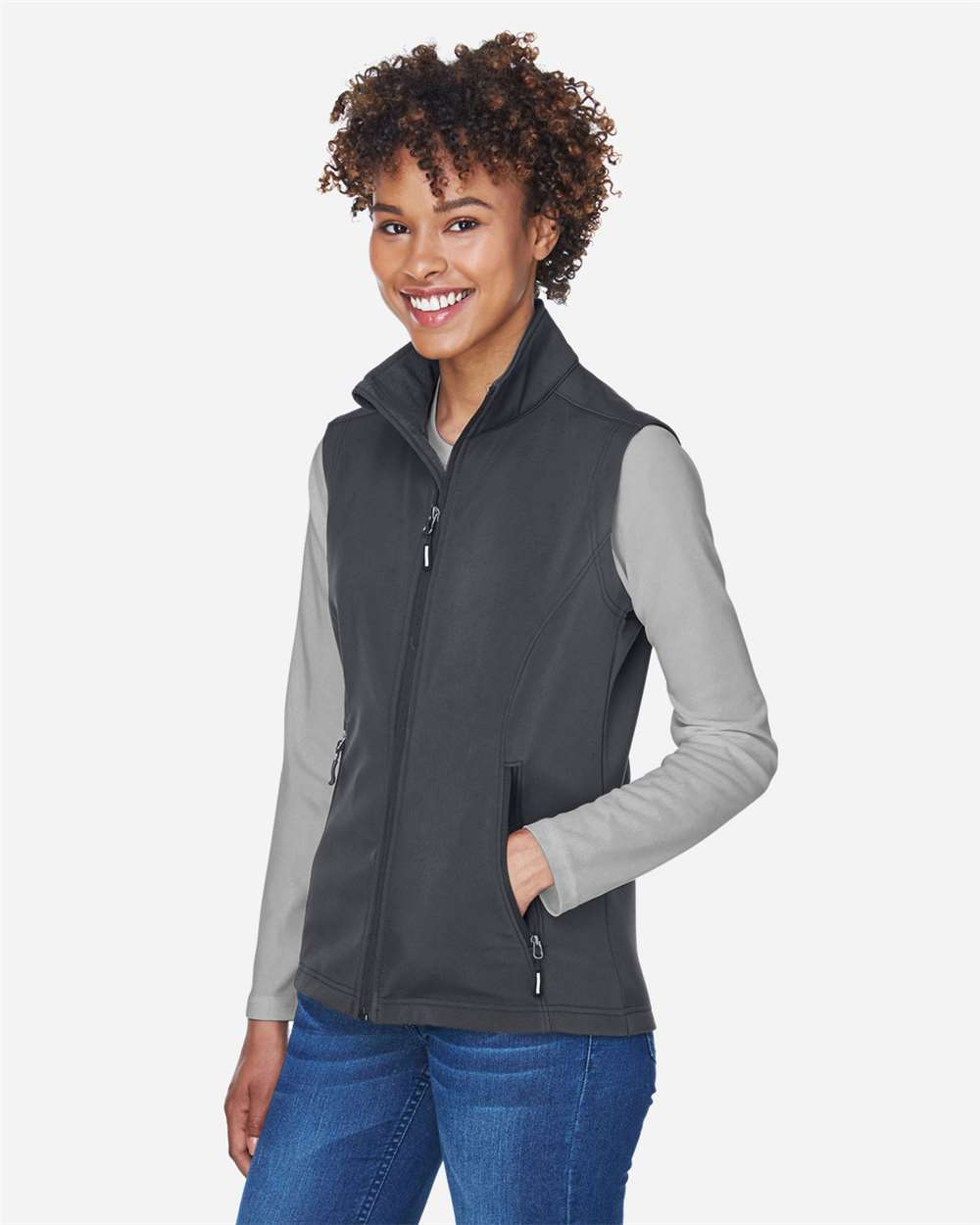 Women's Cruise Two-Layer Fleece Bonded Soft Shell Vest - OnModelSide - B298A7582 - Carbon