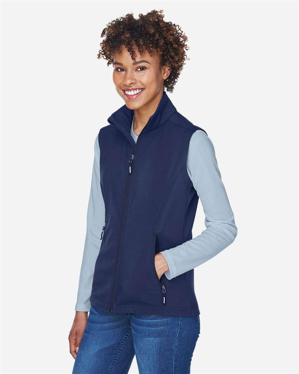 Women's Cruise Two-Layer Fleece Bonded Soft Shell Vest - OnModelSide - B298A7652 - Classic Navy