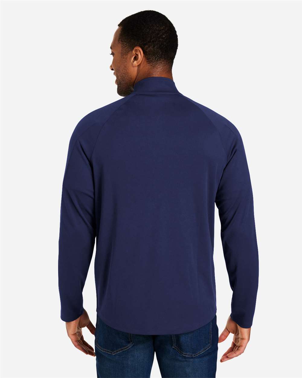 Men's Origin Performance Pique Quarter-Zip Pullover - OnModelBack - B288A7653 - Classic Navy Heather/ Carbon