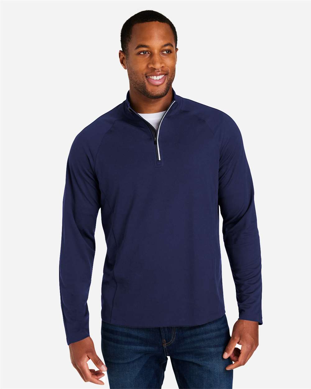 Men's Origin Performance Pique Quarter-Zip Pullover - OnModelFront - B288A7653 - Classic Navy Heather/ Carbon